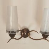 Two-light wall sconce in gilded metal with opaque glass shades, 1950/1960