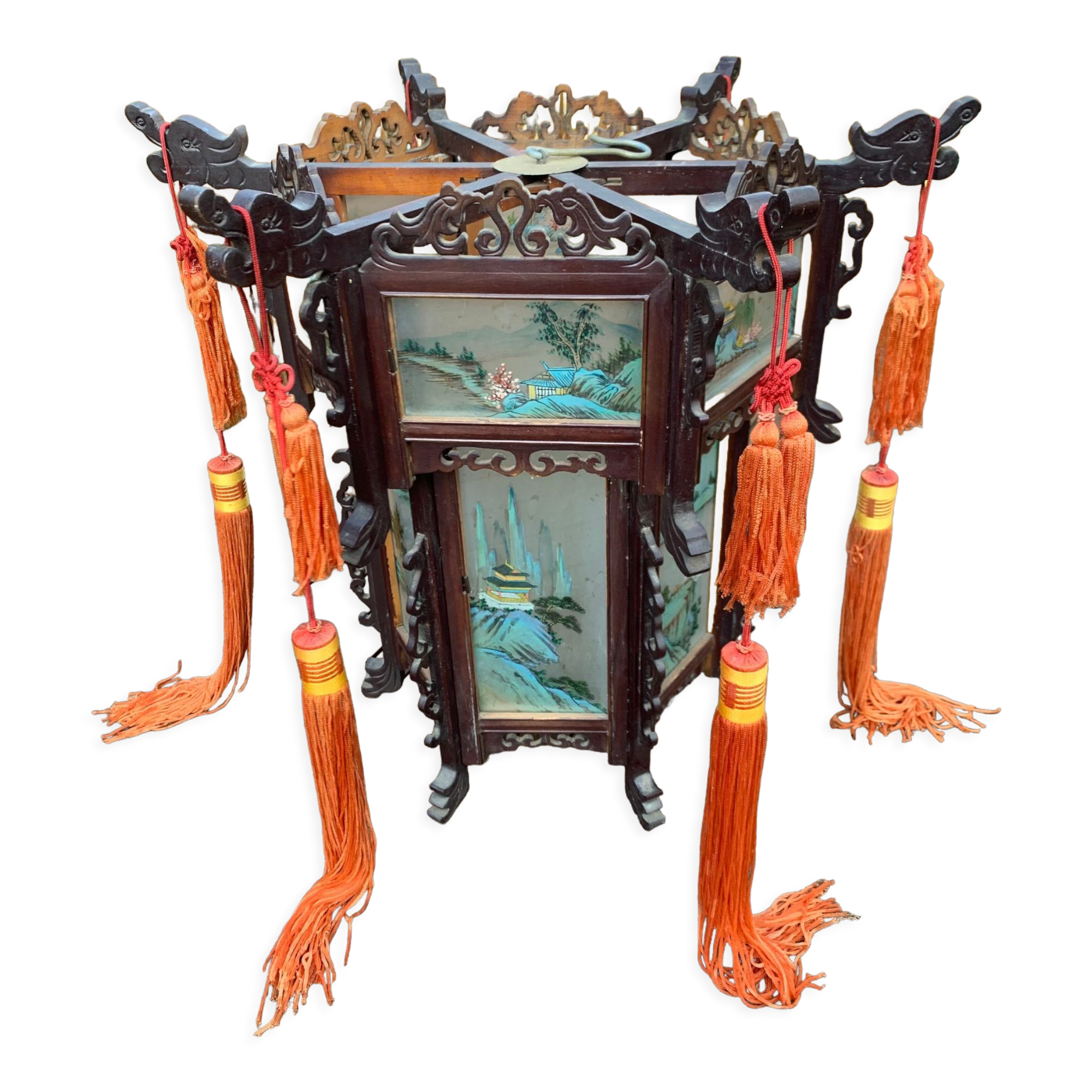 Lanterne chinoise vers 1900 en bois et verres peints