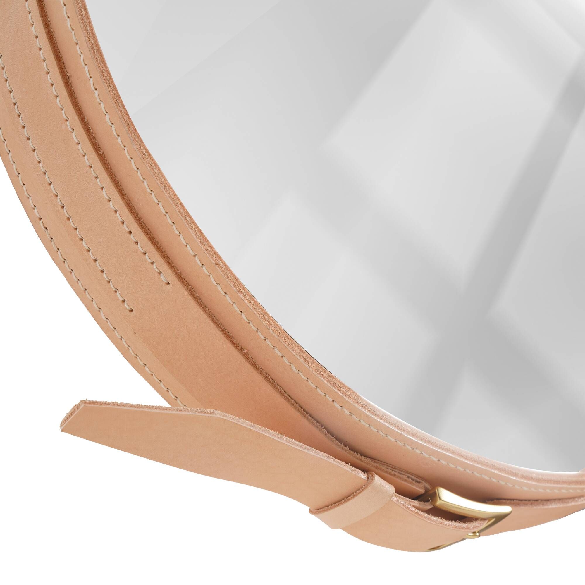 Handmade J. Adnet style mirror in natural vegetable-tanned leather, ø 70 cm