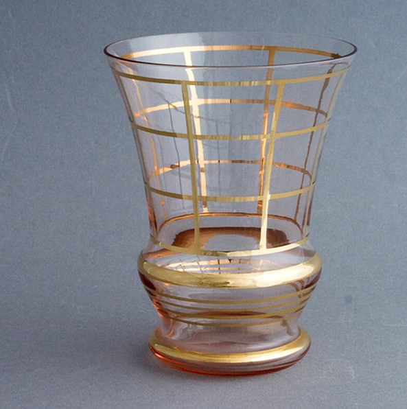 Art Deco vase with "modernist" design gilded with fine gold.  Verreries Laeken Belgium - circa 1950