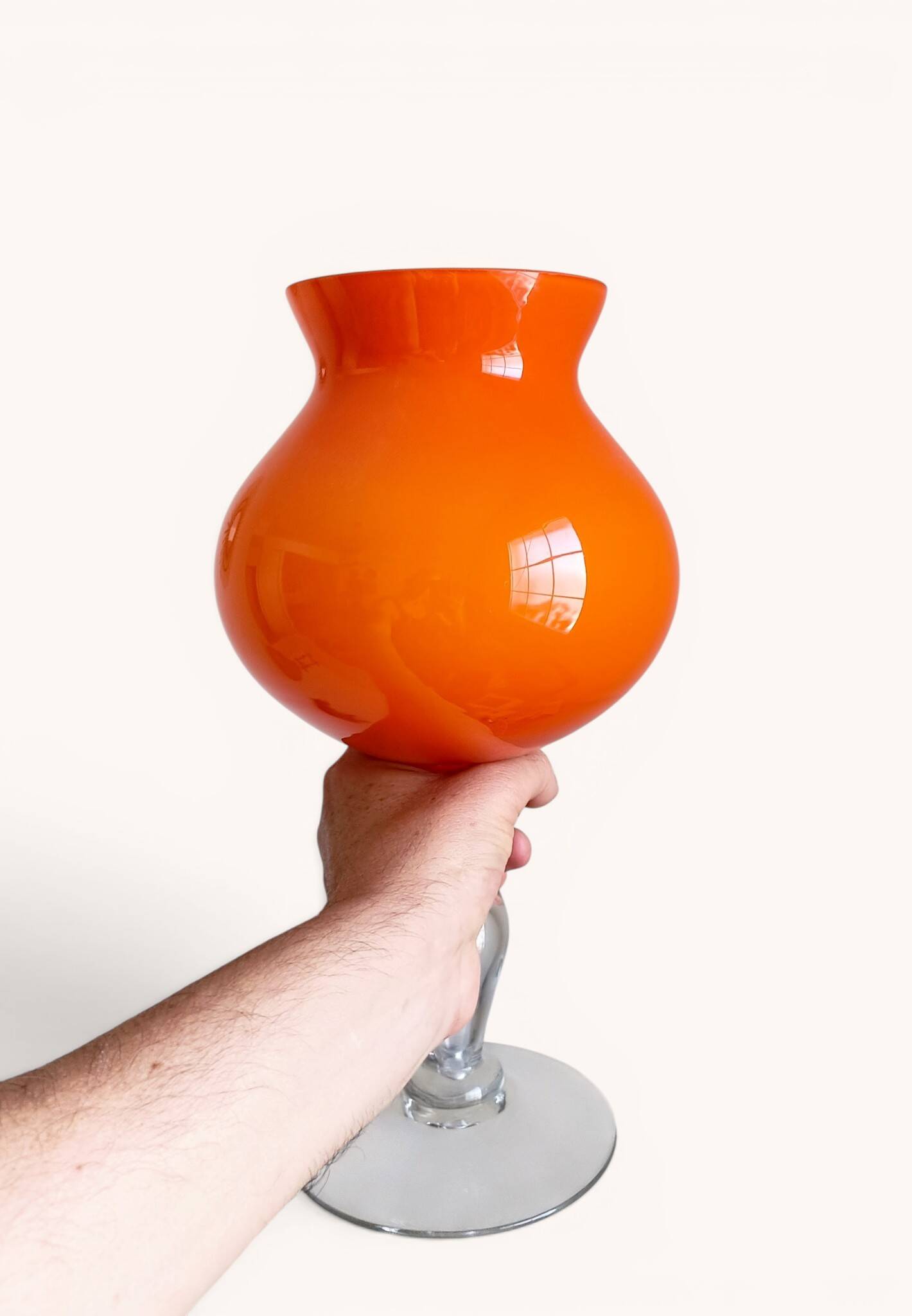 Murano Orange Cased Glass Large Goblet Vase, Italy, 1970s