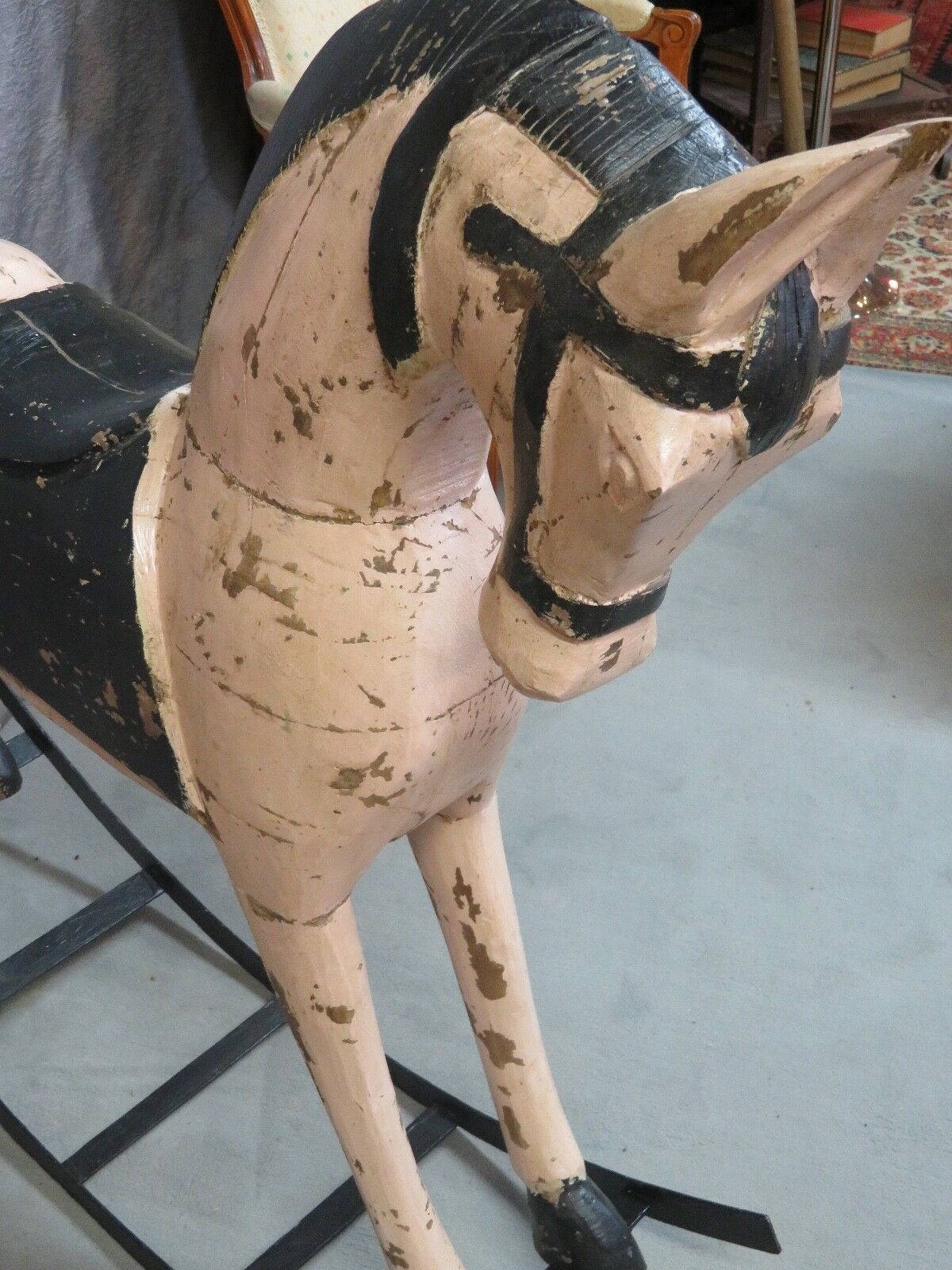 Powder pink and black rocking wooden horse