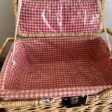 Large Suitcase, wicker picnic basket and red Vichy