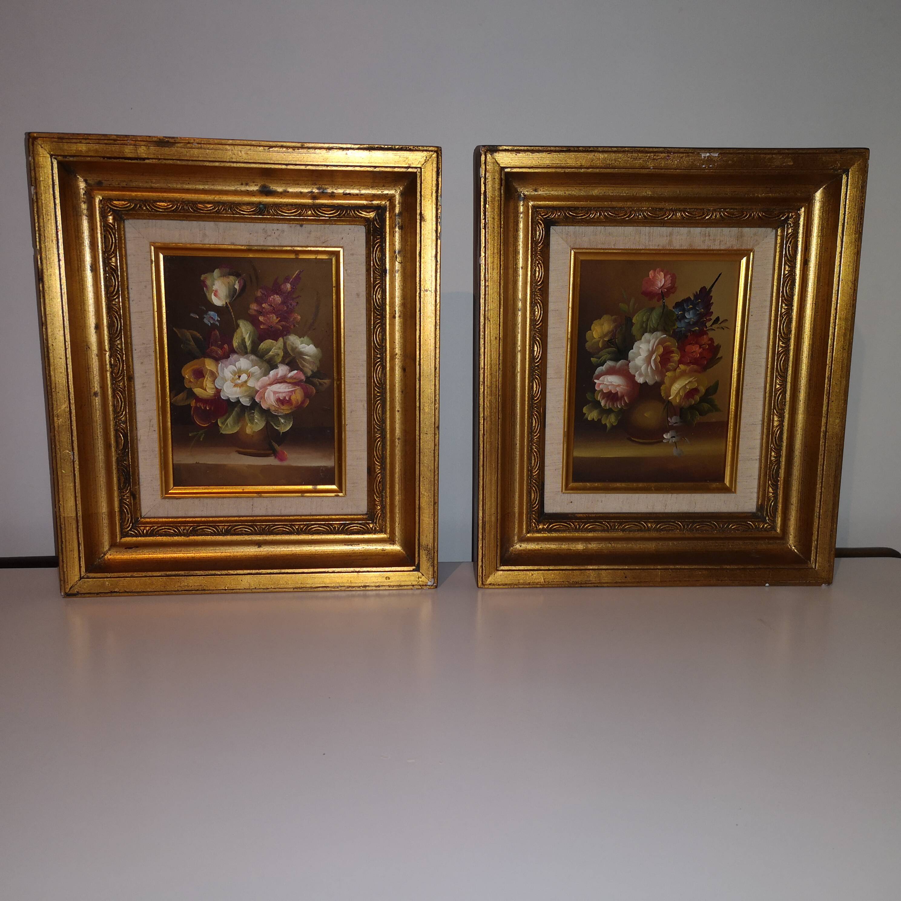 Paire de tableau nature morte sur bois bouquet de fleurs vintage