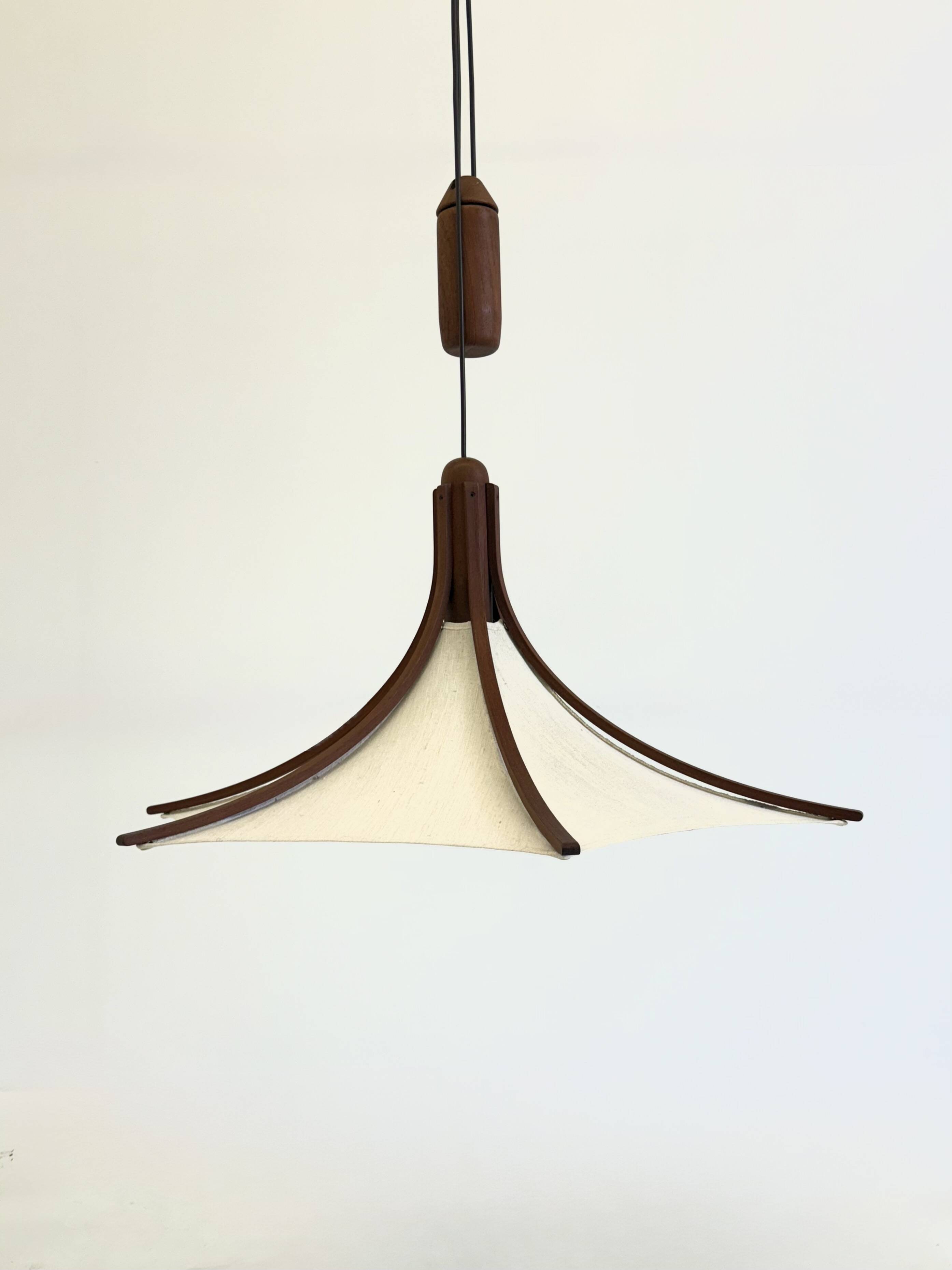Mid-century teak pendant lamp from Domus with linen shade