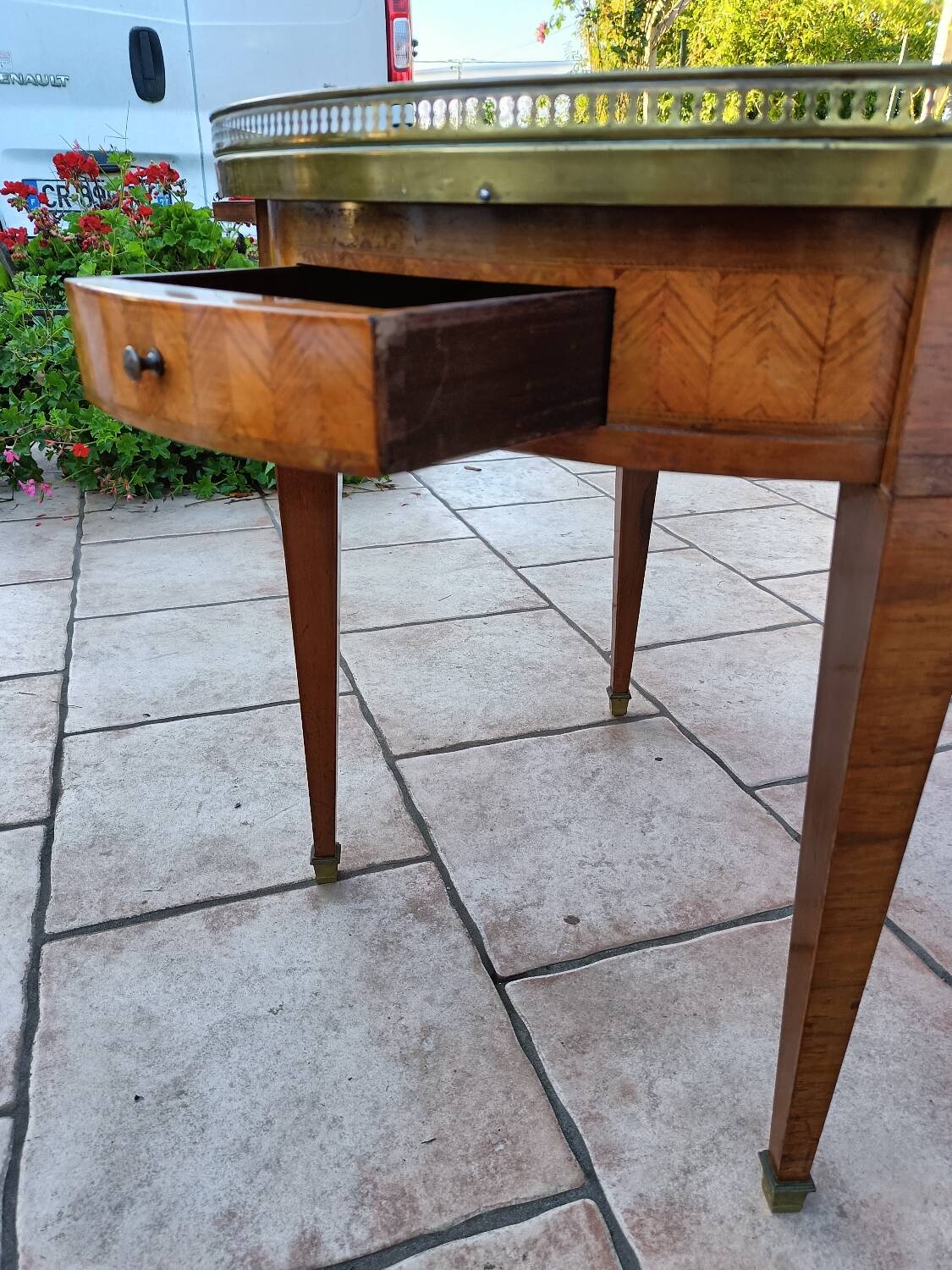 Antique Louis XVI style hot water bottle table with marble top