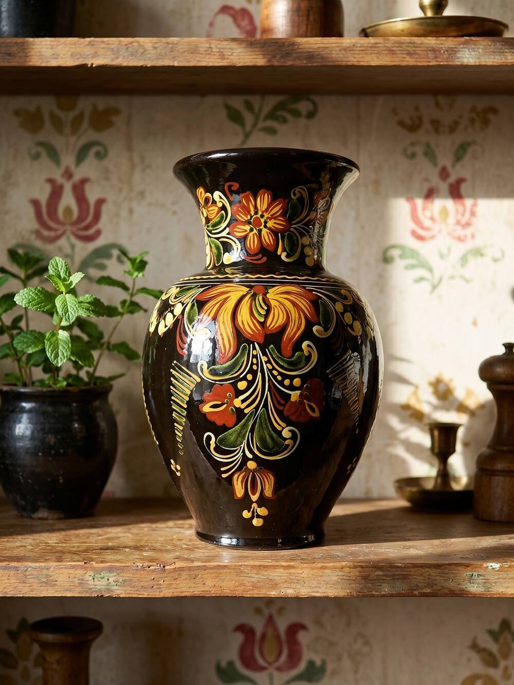 Vintage large vase from the 60s-70s, Hungarian MHV, in hand-painted glazed ceramic.
