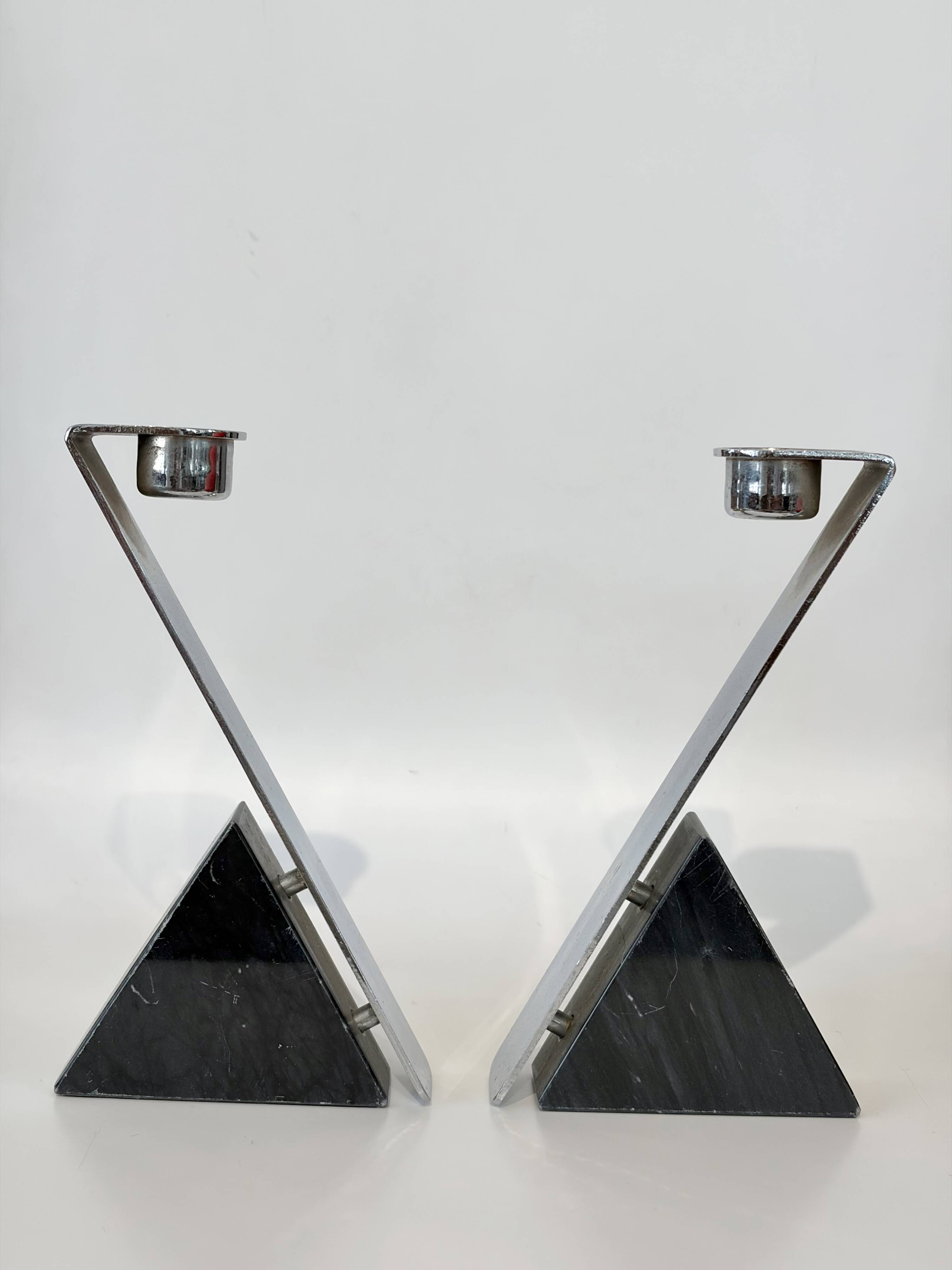 Pair of marble and steel candlesticks 1980