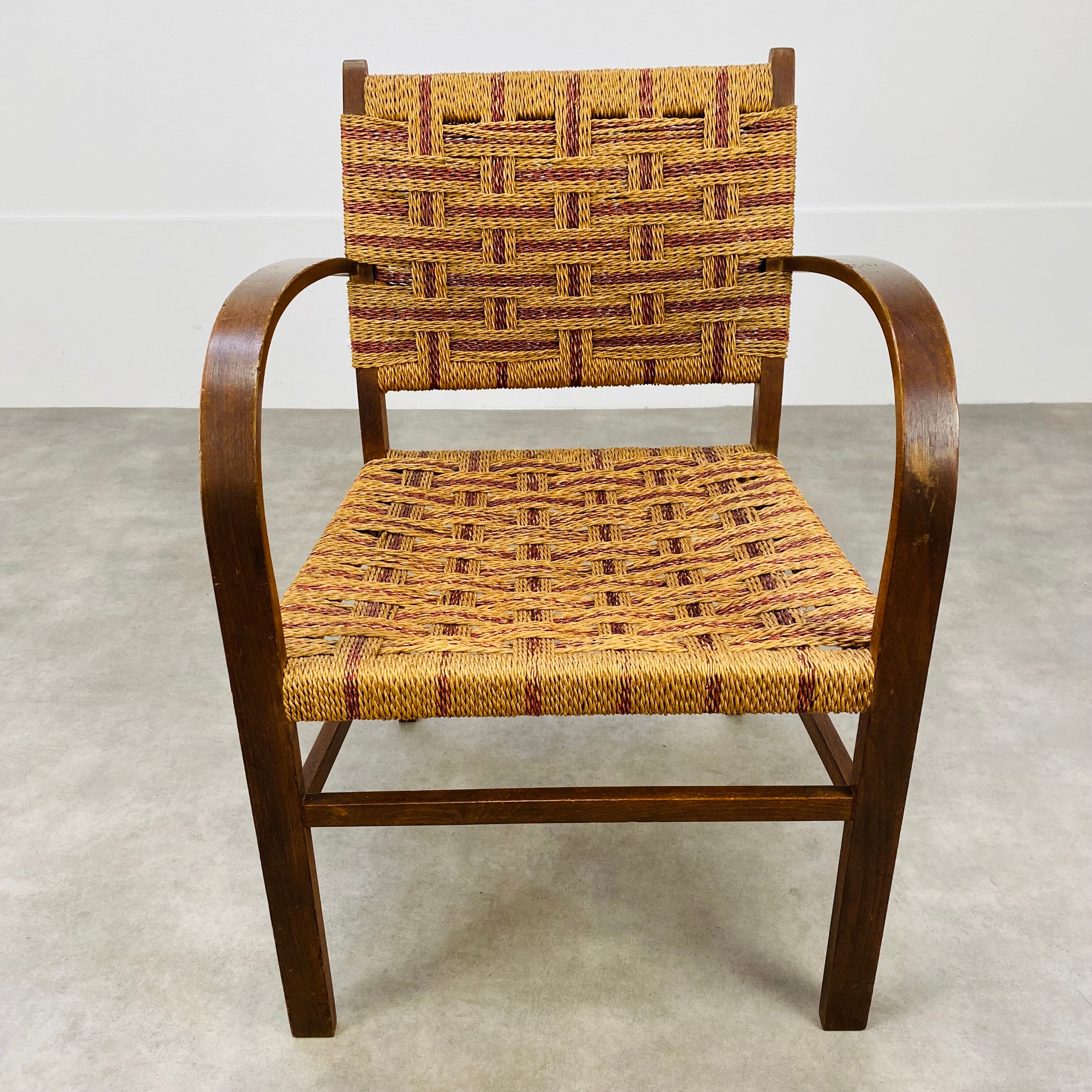 Scandinavian armchair in wood and vintage straw rope