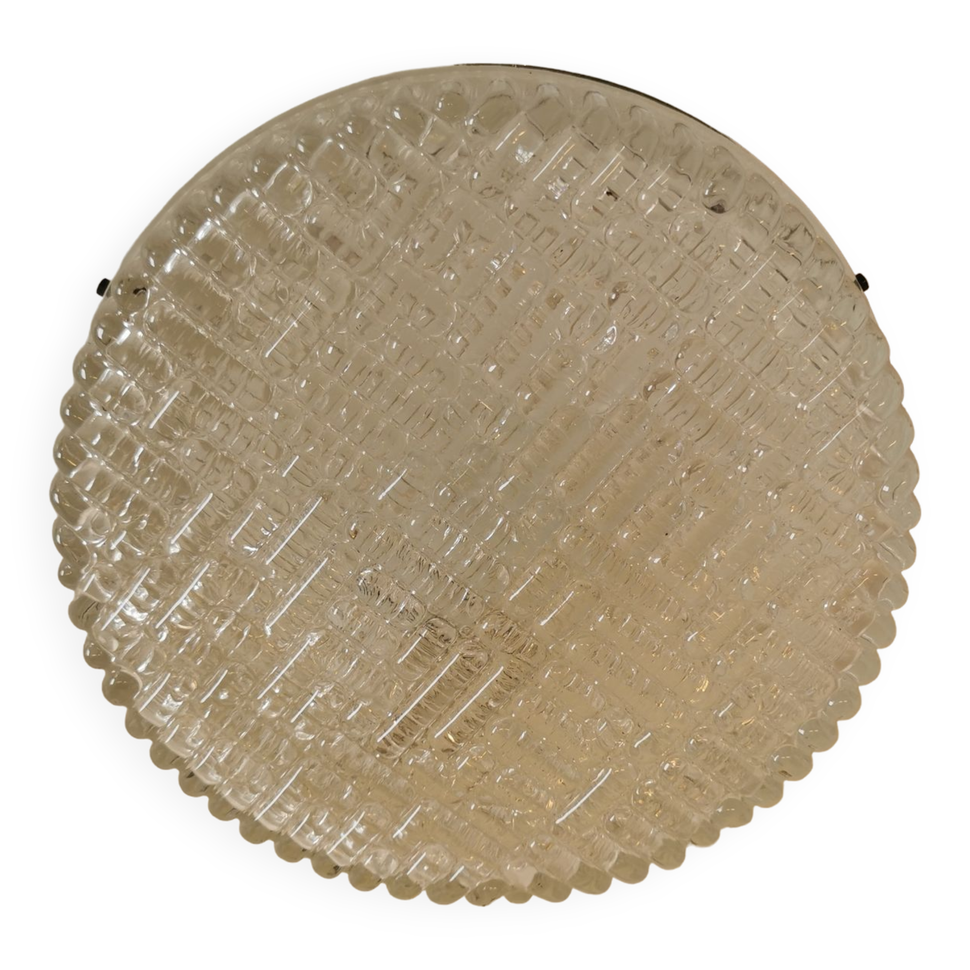 Ceiling light, in dark metallic paint with thick glass shade with beautiful details in the glass.