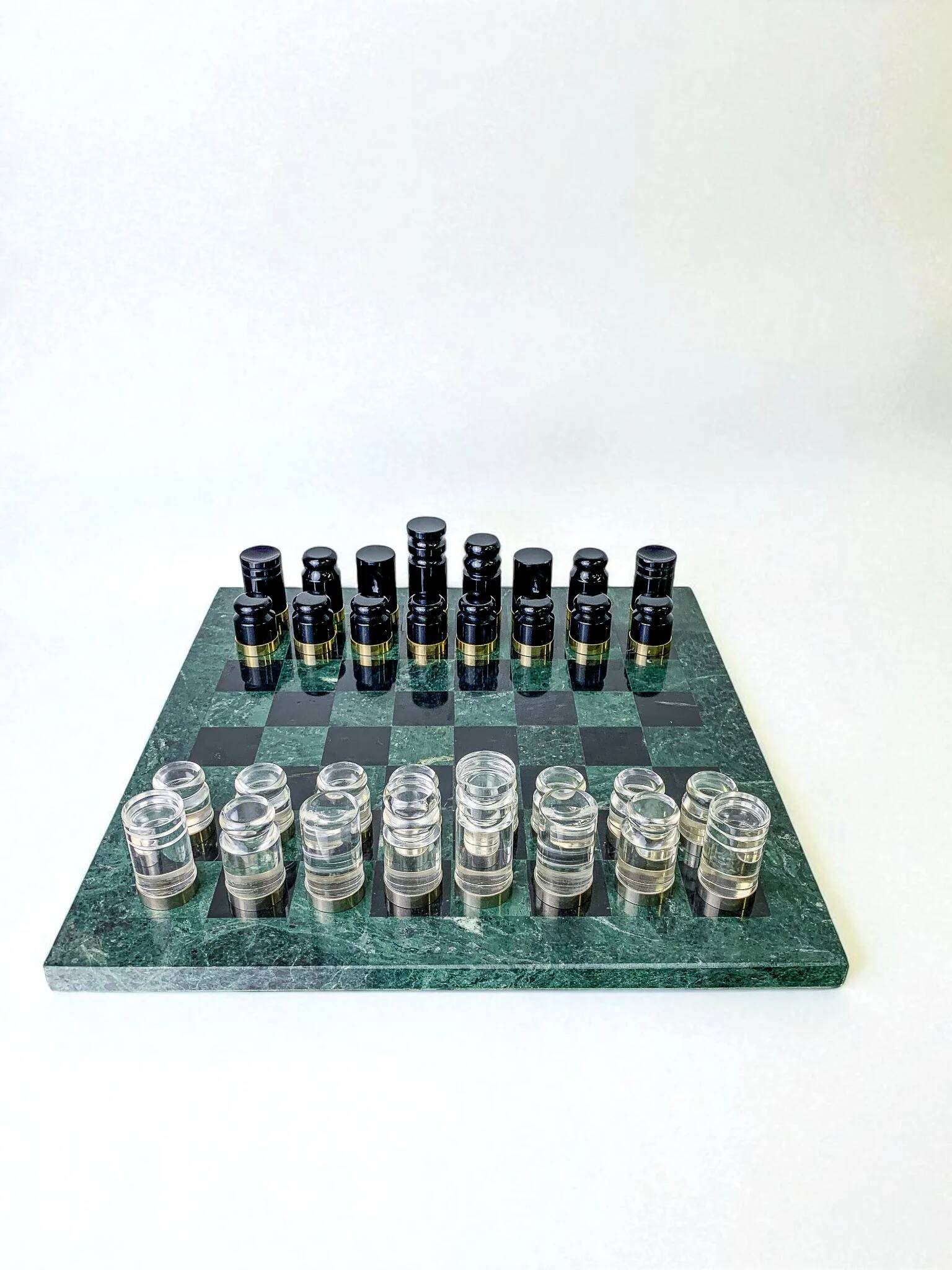 Acrylic & gilt brass chess set with marble board, Italy, 1970s