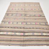 6x8 Green & Blue Striped Handmade Kilim Rug, 174x256Cm