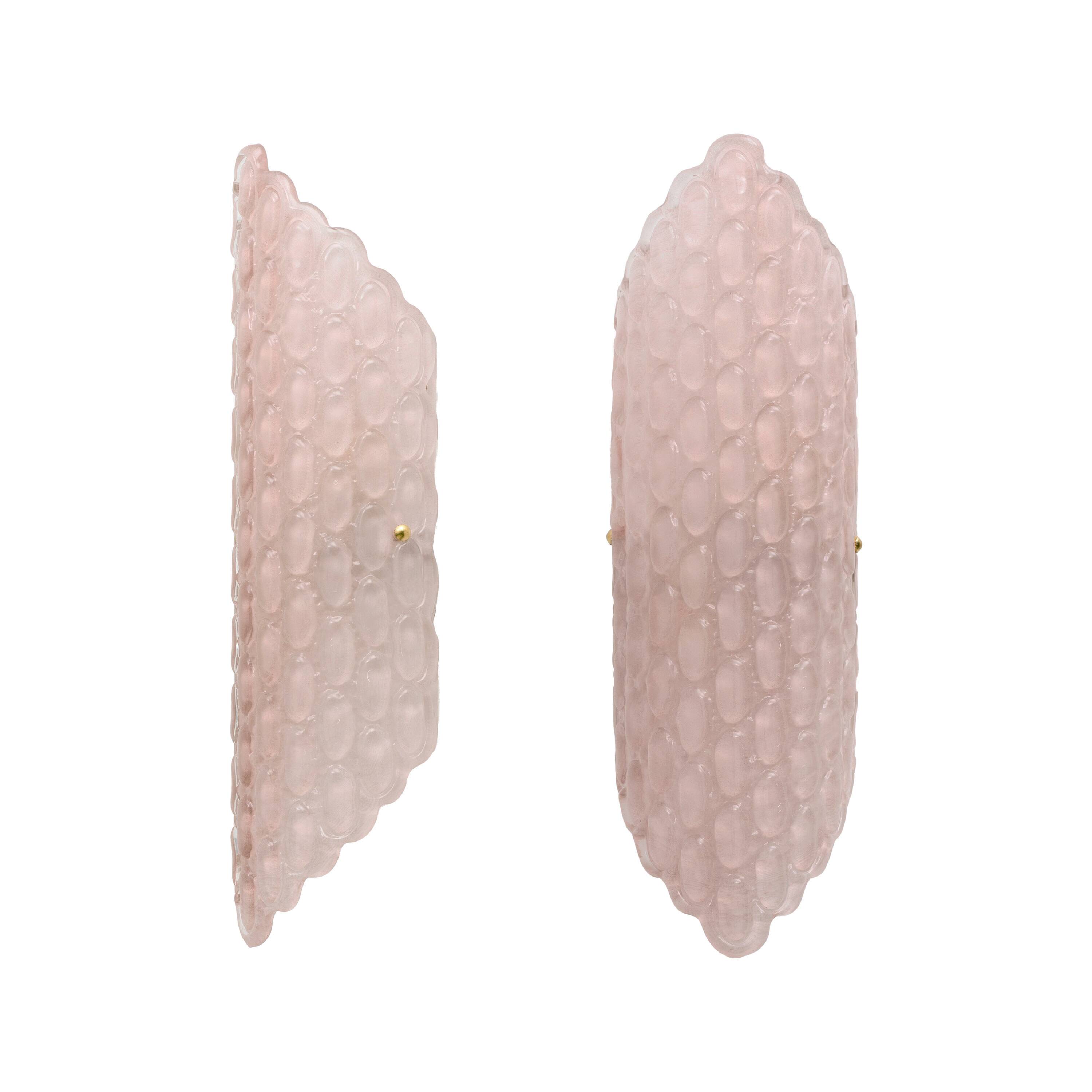 Pair of Pink Murano Glass Wall Sconces with Textured Relief