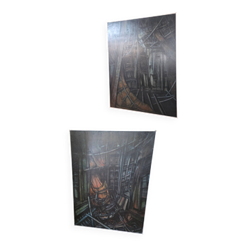 Paire de tableaux huile sur toile, "Intérieur de bateau", années 50-70