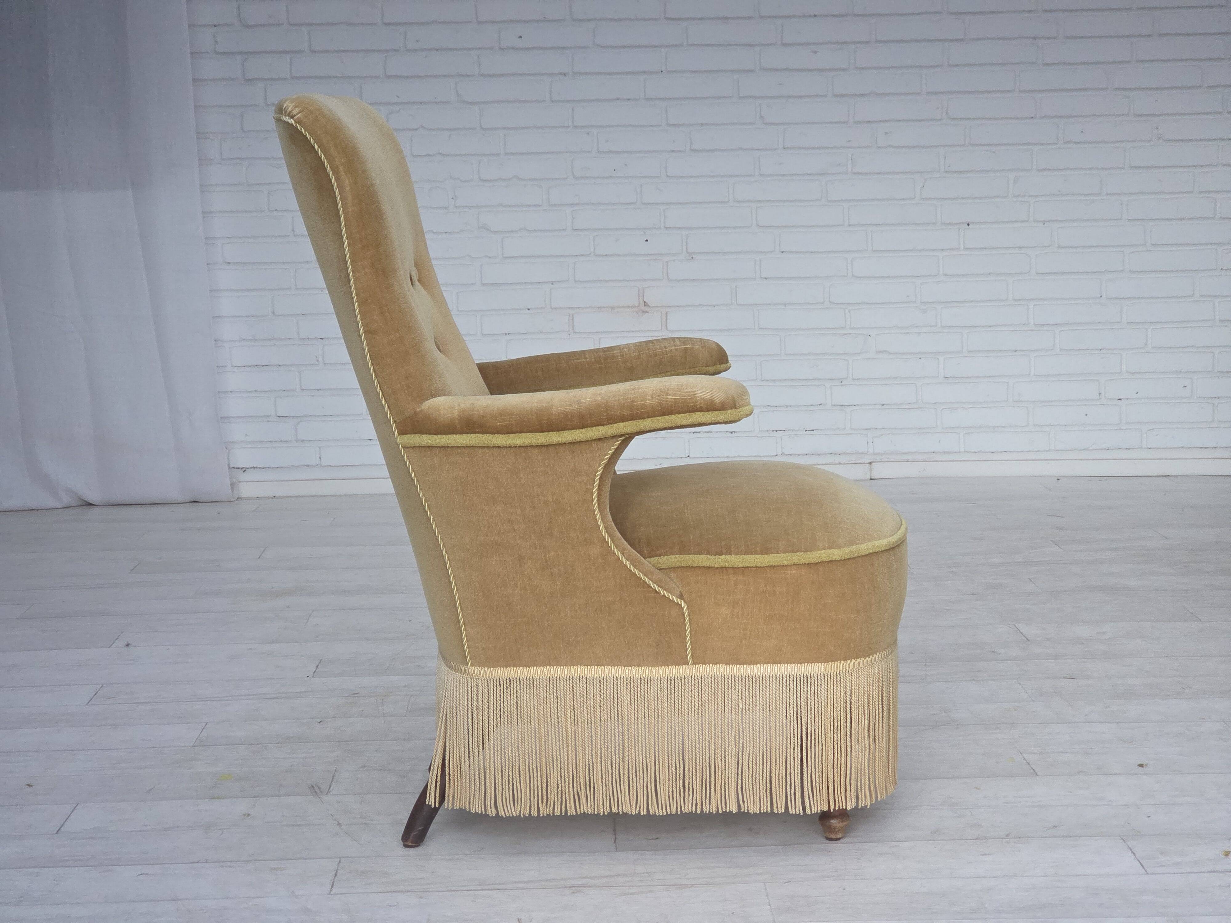 1950s, Danish armchair, furniture velour, ash wood legs.