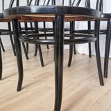 Set of 6 Vintage Thonet Style Dining Chairs: Black Bentwood Cane Seat