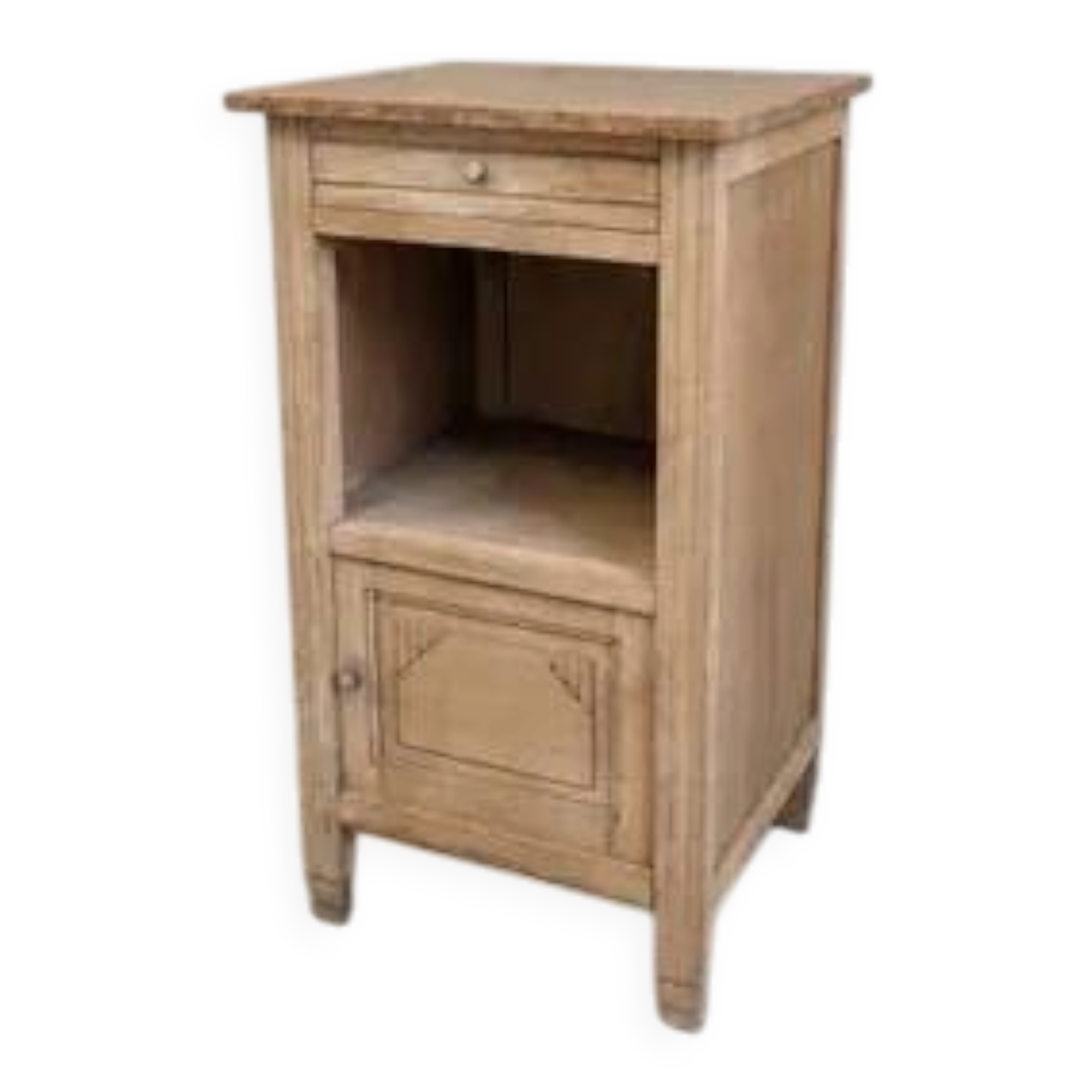 Antique wooden bedside table with a pink/orange marble top.