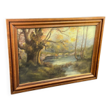 Tableau pastel fin XIXe signé A. Leroumeau aux vaches près de l'étang