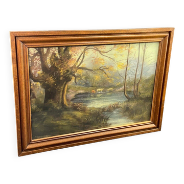 Late 19th century pastel painting signed A. Leroumeau with cows near the pond