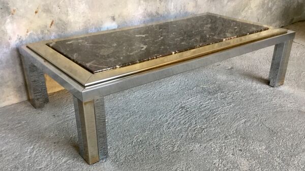 Table basse space age inox à plateau en marbre - Design 1970