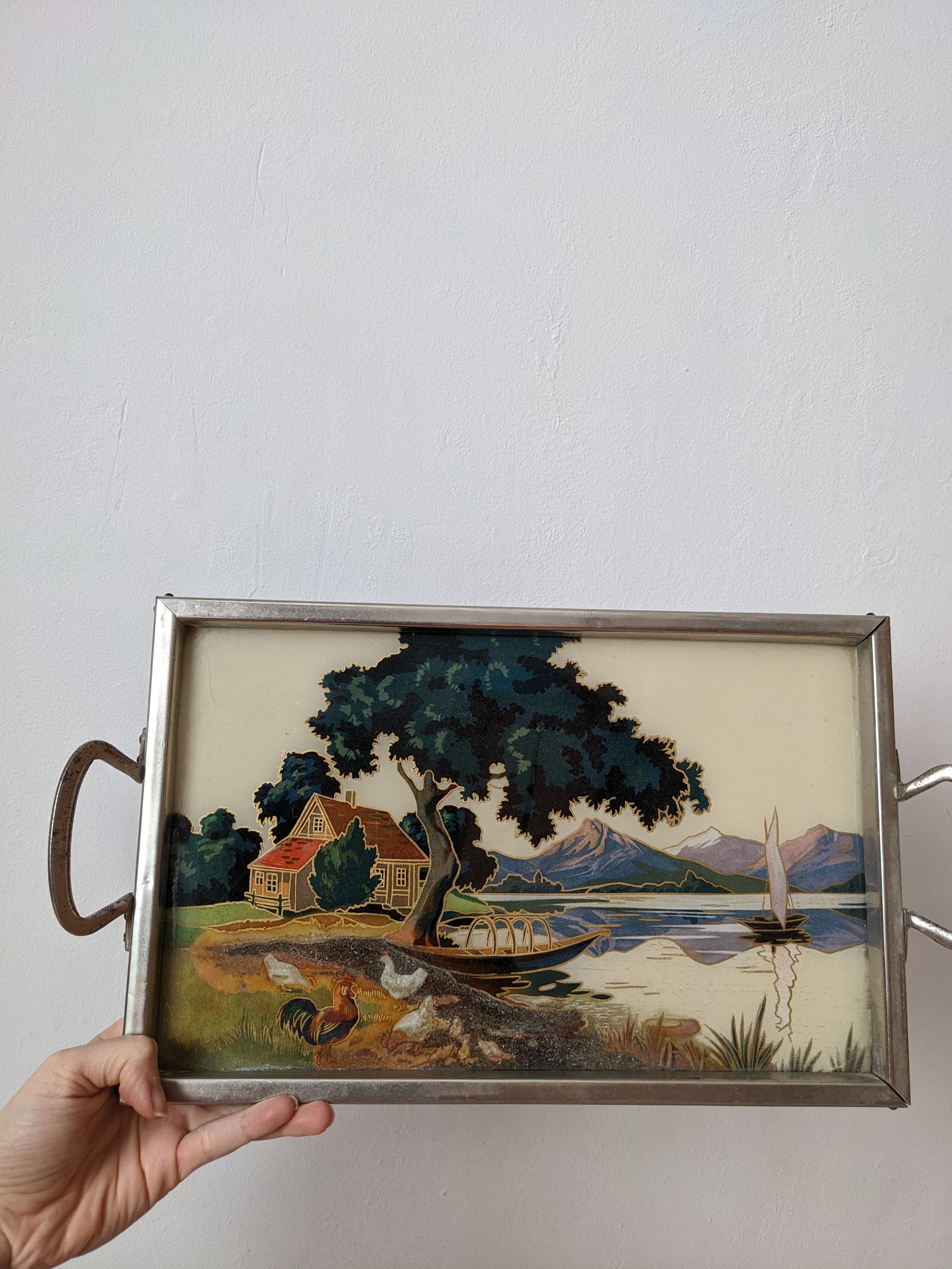 Plateau ancien vintage verre et métal