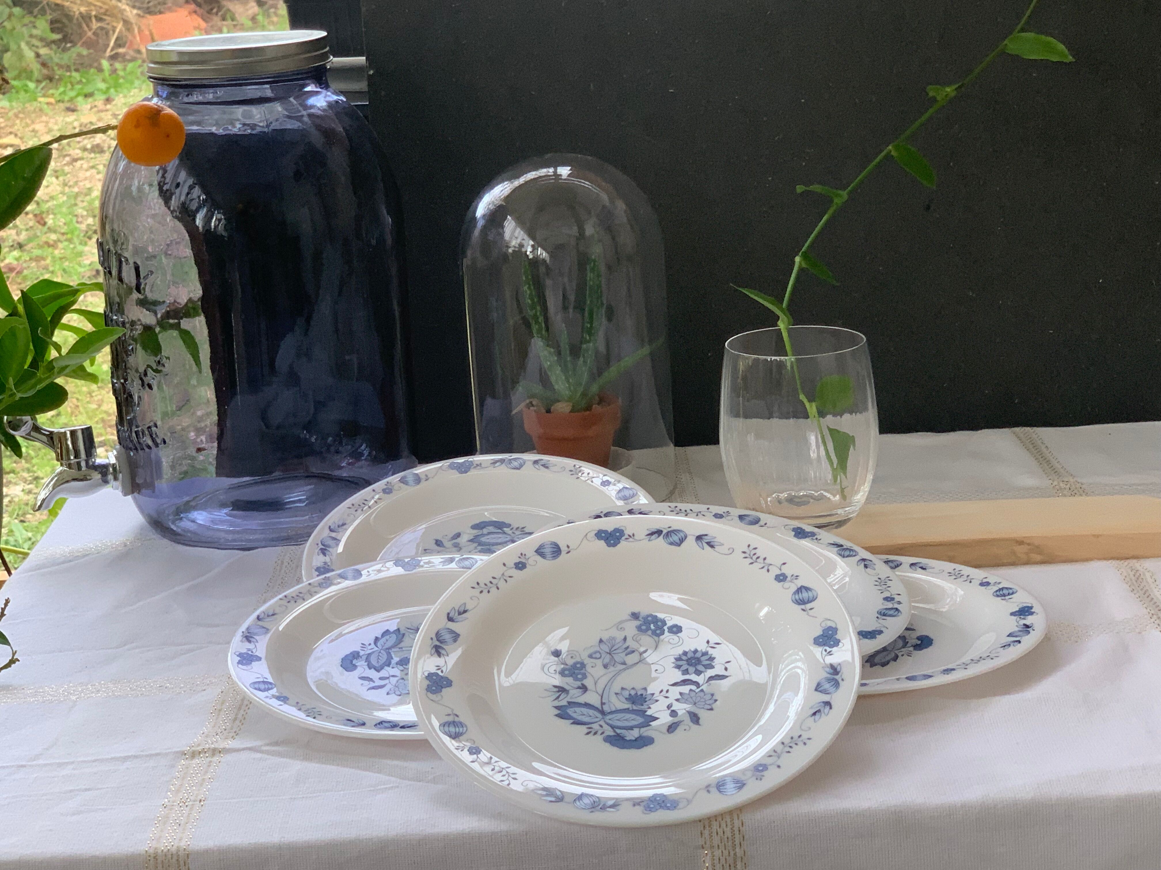 3 bowls and 5 blue plates