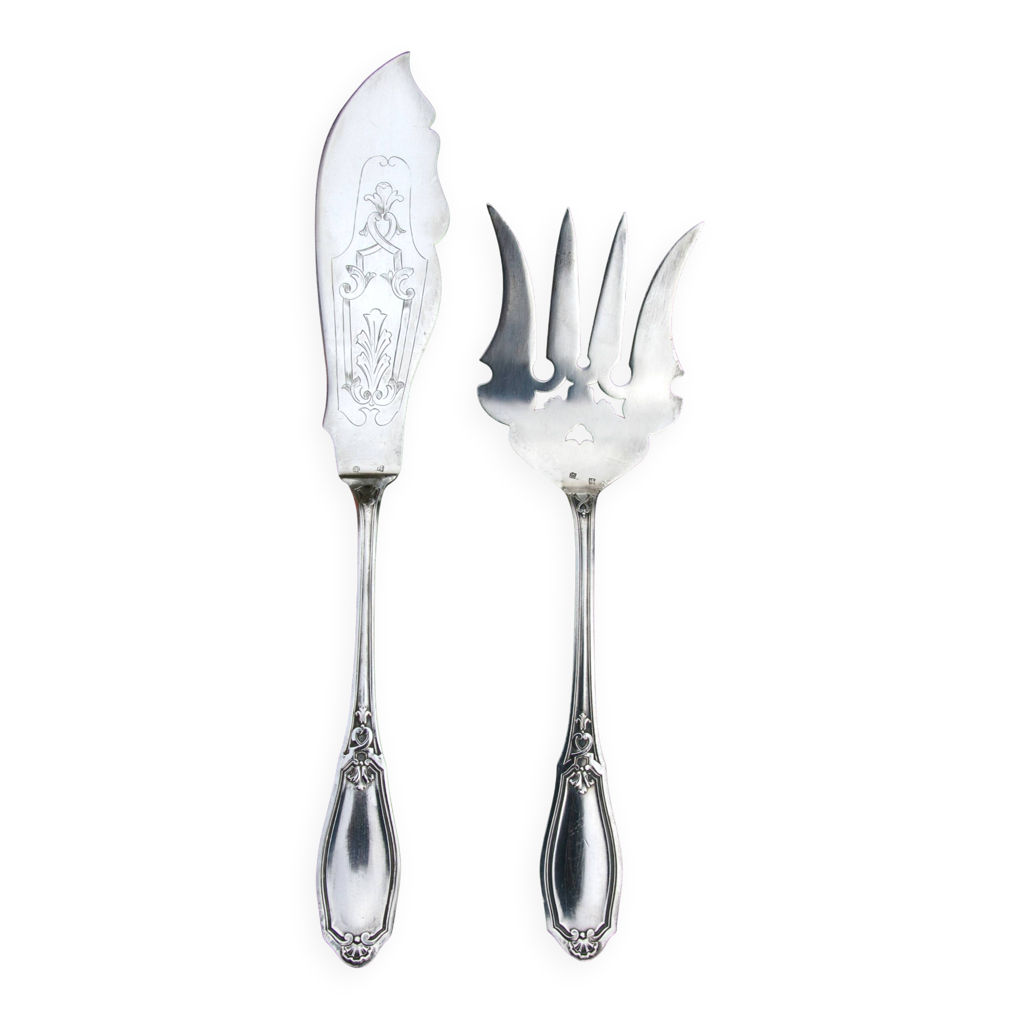Fish Serving Cutlery: Fork + Knife/Shovel. Silver-plated metal.
