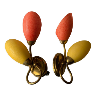 Pair of double wall lamp in brass and opaline year 1960 bi-color