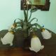 Chandelier of 5 corollas in white granite glass, central decoration with foliage 70s /80s