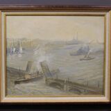 Huile sur toile scène de marine l'entrée au port XX