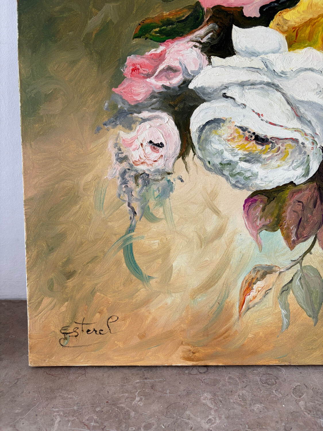 Autumn roses, oil on canvas signed Esterel.