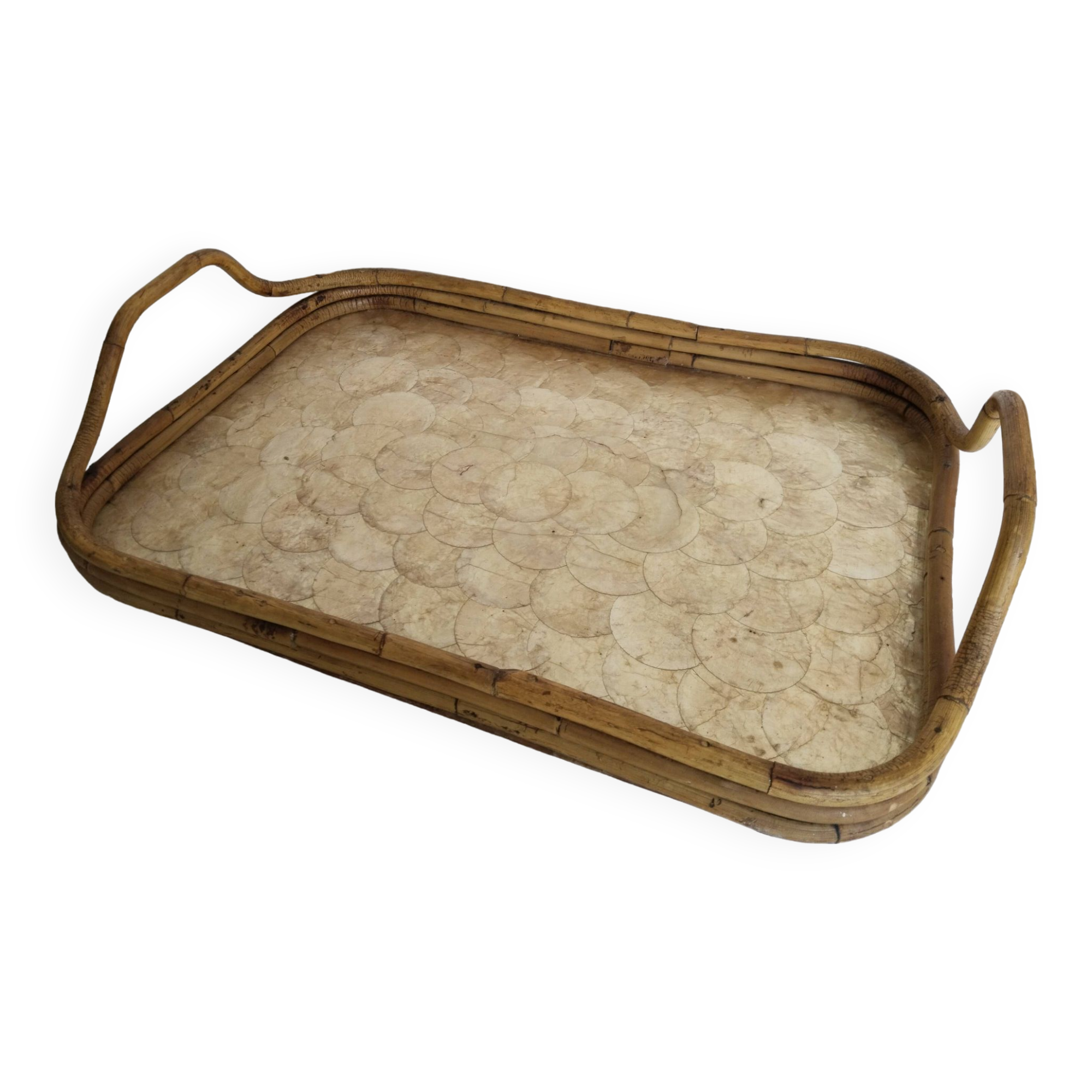 Rattan and mother-of-pearl serving tray, Capiz shell