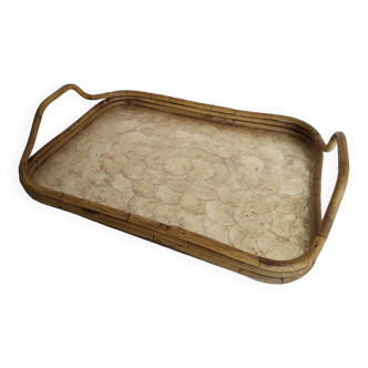 Rattan and mother-of-pearl serving tray, Capiz shell