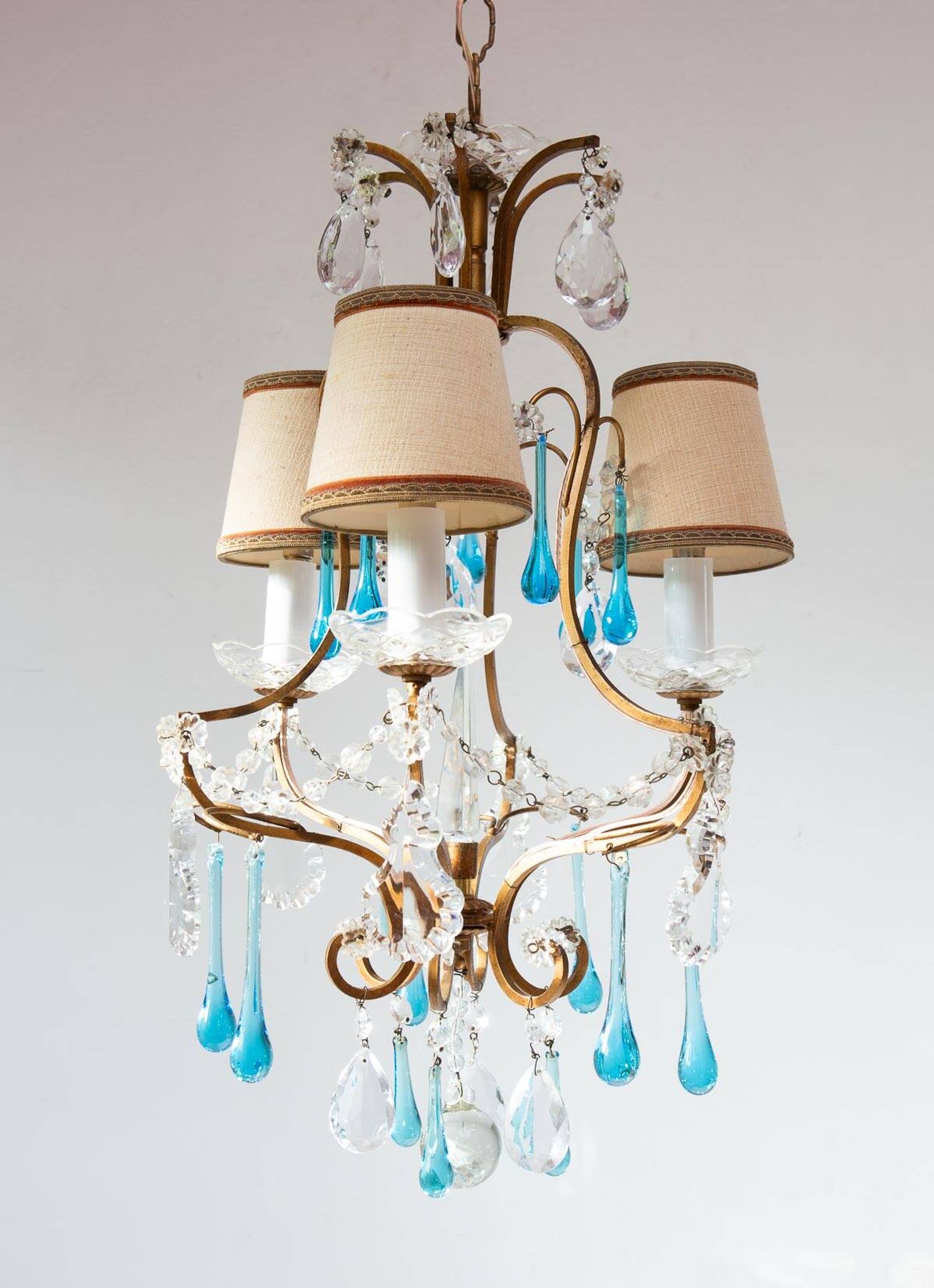 Italian chandelier in gold metal cage with blue drops circa 1960