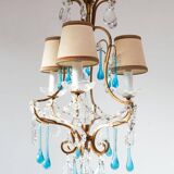 Lustre Italien cage metal doré gouttes bleues vers 1960