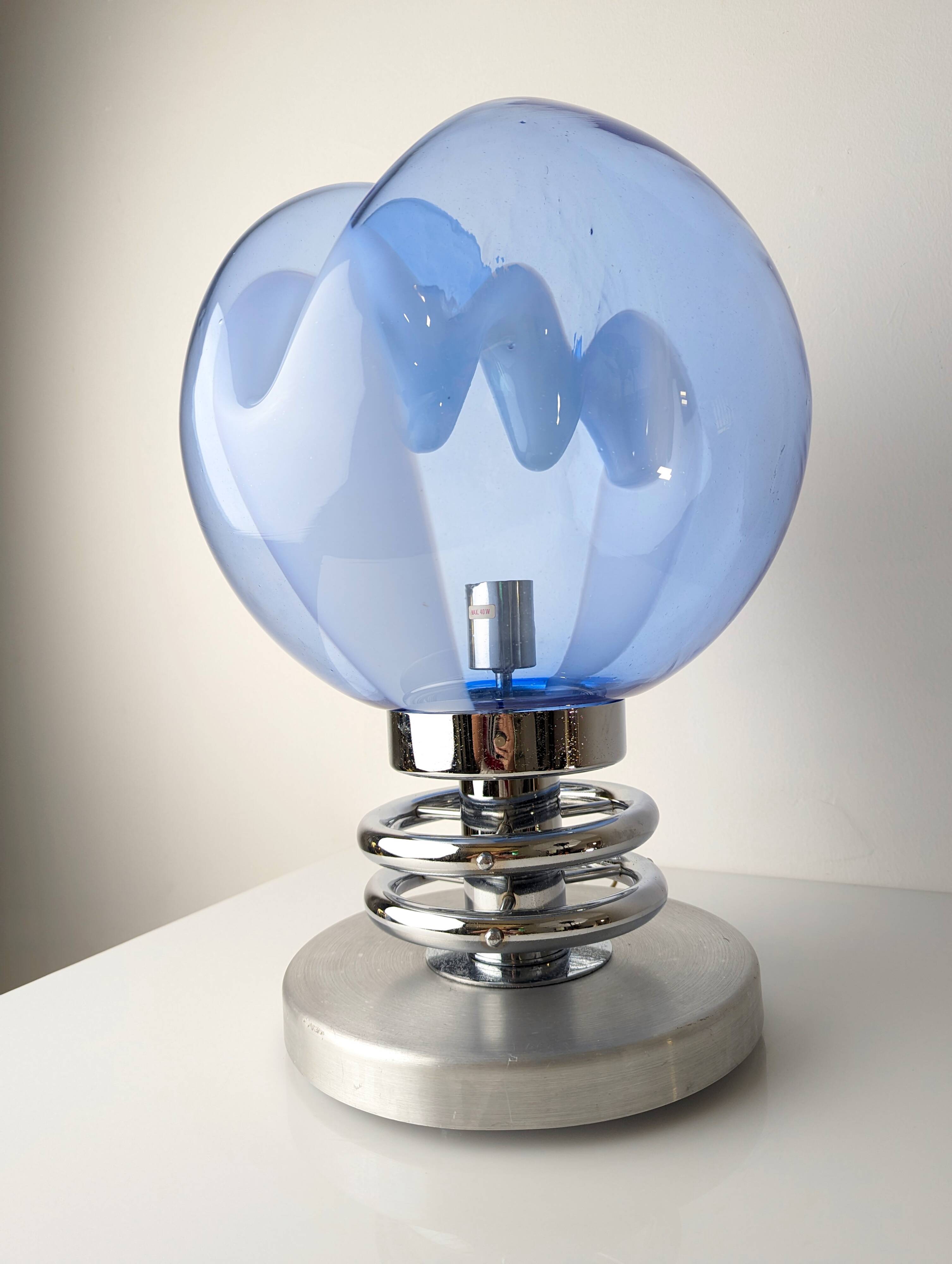 1970s Toni Zuccheri 'Membrane' Blue Murano Glass & Chrome Table Lamp