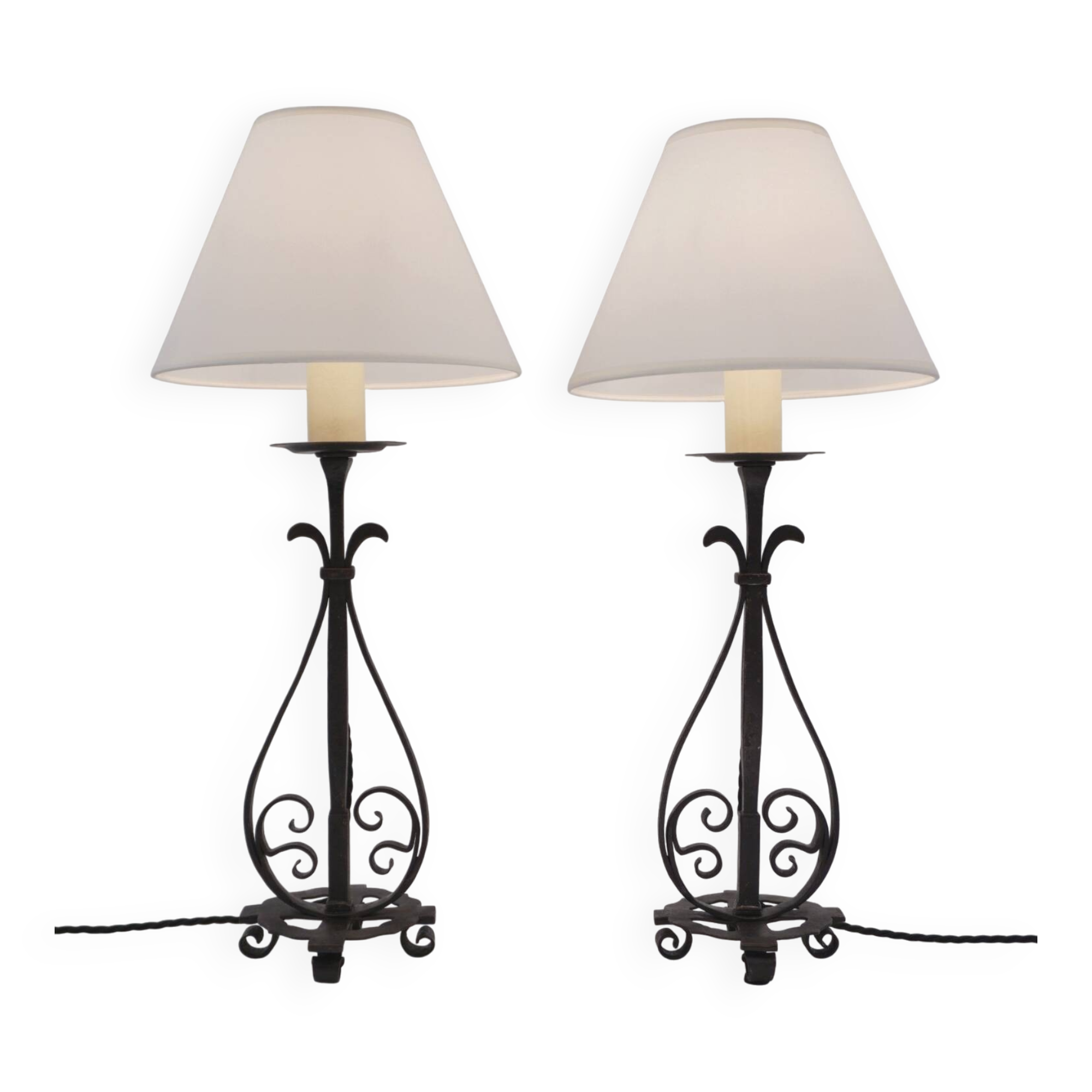 Arts & Crafts pair antique wrought iron table lamps 1920's English, rewired