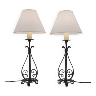 Arts & Crafts pair antique wrought iron table lamps 1920's English, rewired