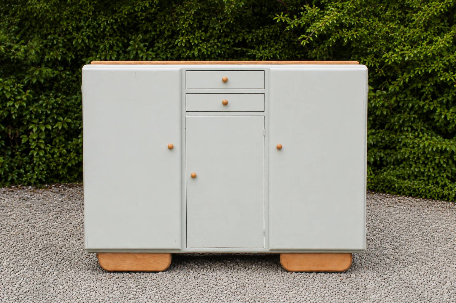 Renovated vintage buffet in Mado style – Celadon Libéron and natural wood – 13