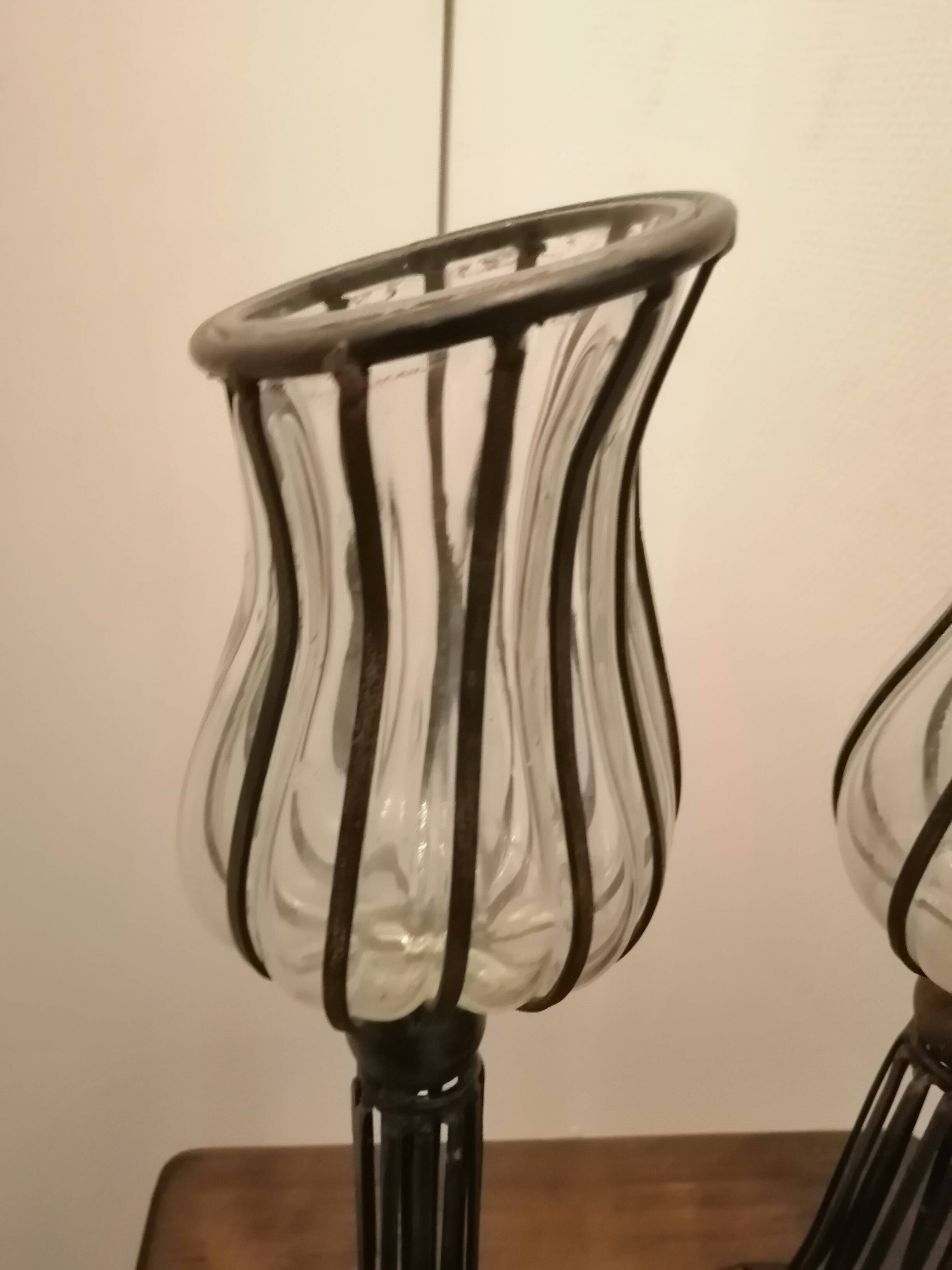 Pair of vintage/retro glass and metal vases
