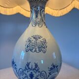 19th-century blue grand feu faience lamp, tripod bronze, fringed lampshade.