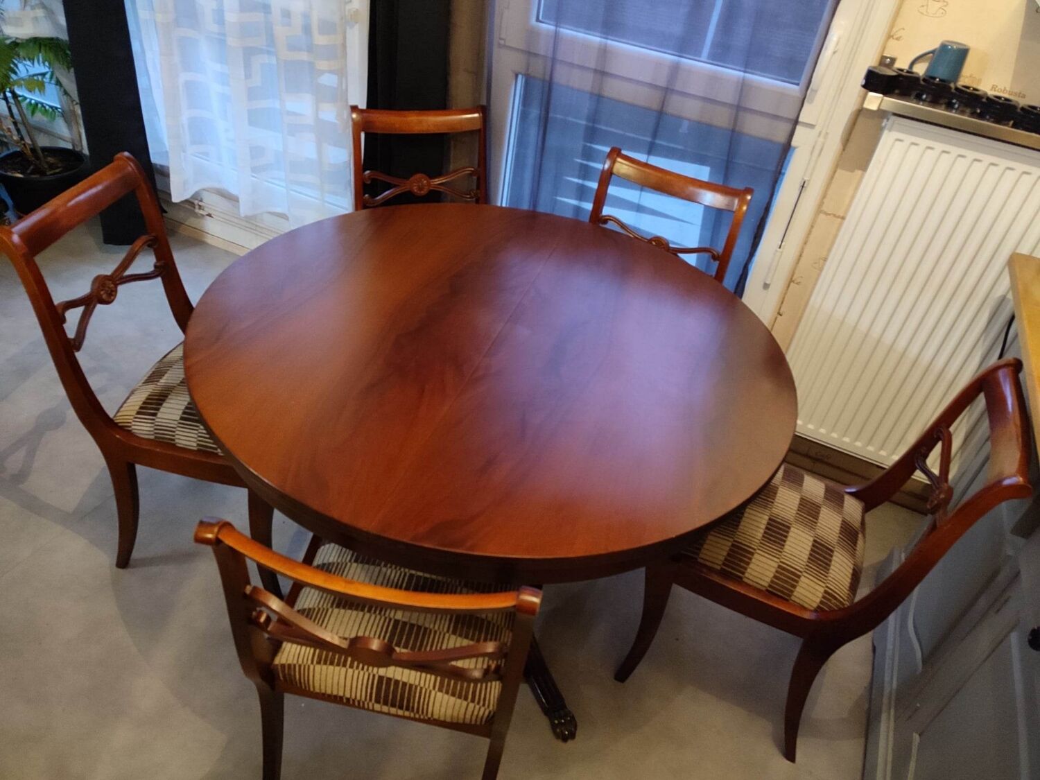 Table + extensions and chairs Gerbeau mahogany vintage wood