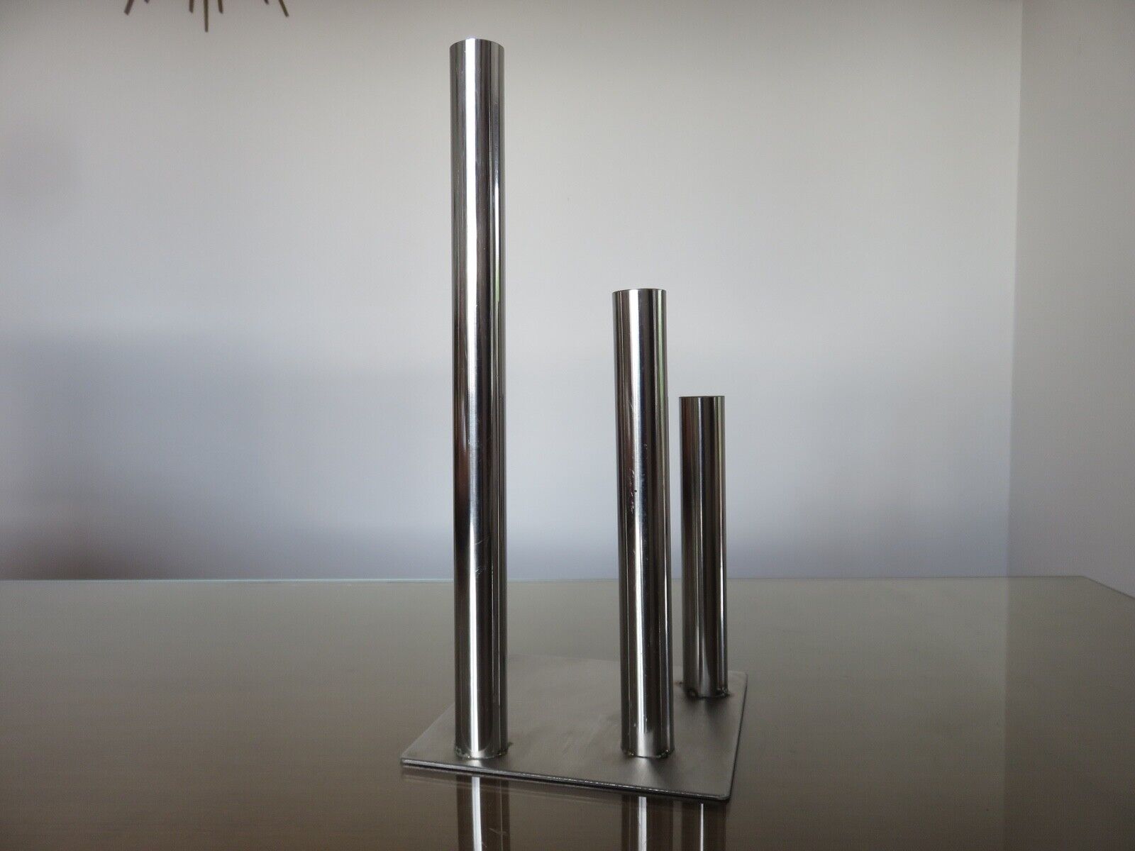 Triple candle holder, modernist, minimalist stainless steel 1970