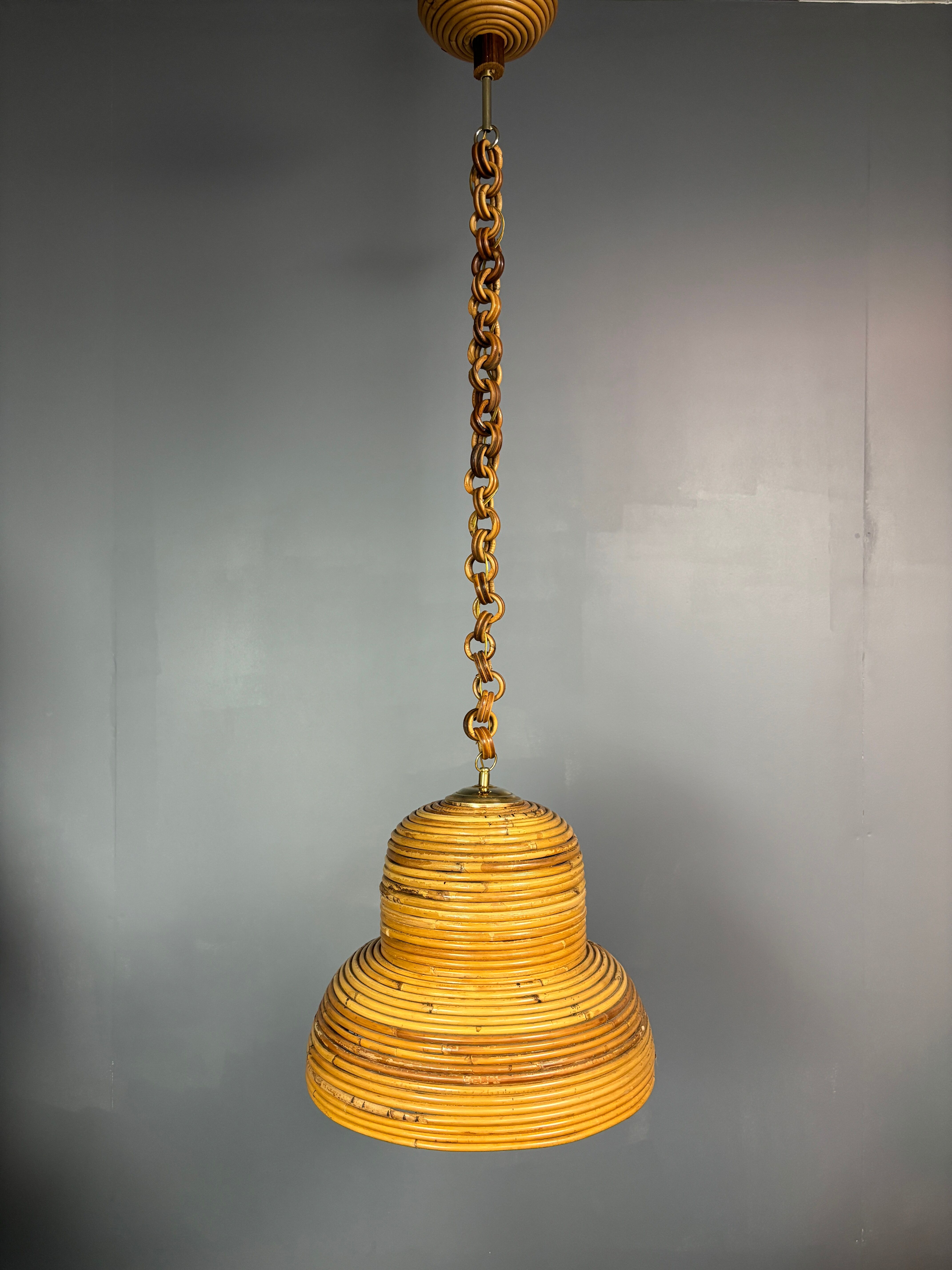 Midcentury Italian pencil reed rattan bamboo and brass hanging lamp pendant