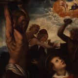 Antique painting on panel 17th century, The Martyrdom of Saint Stephen
