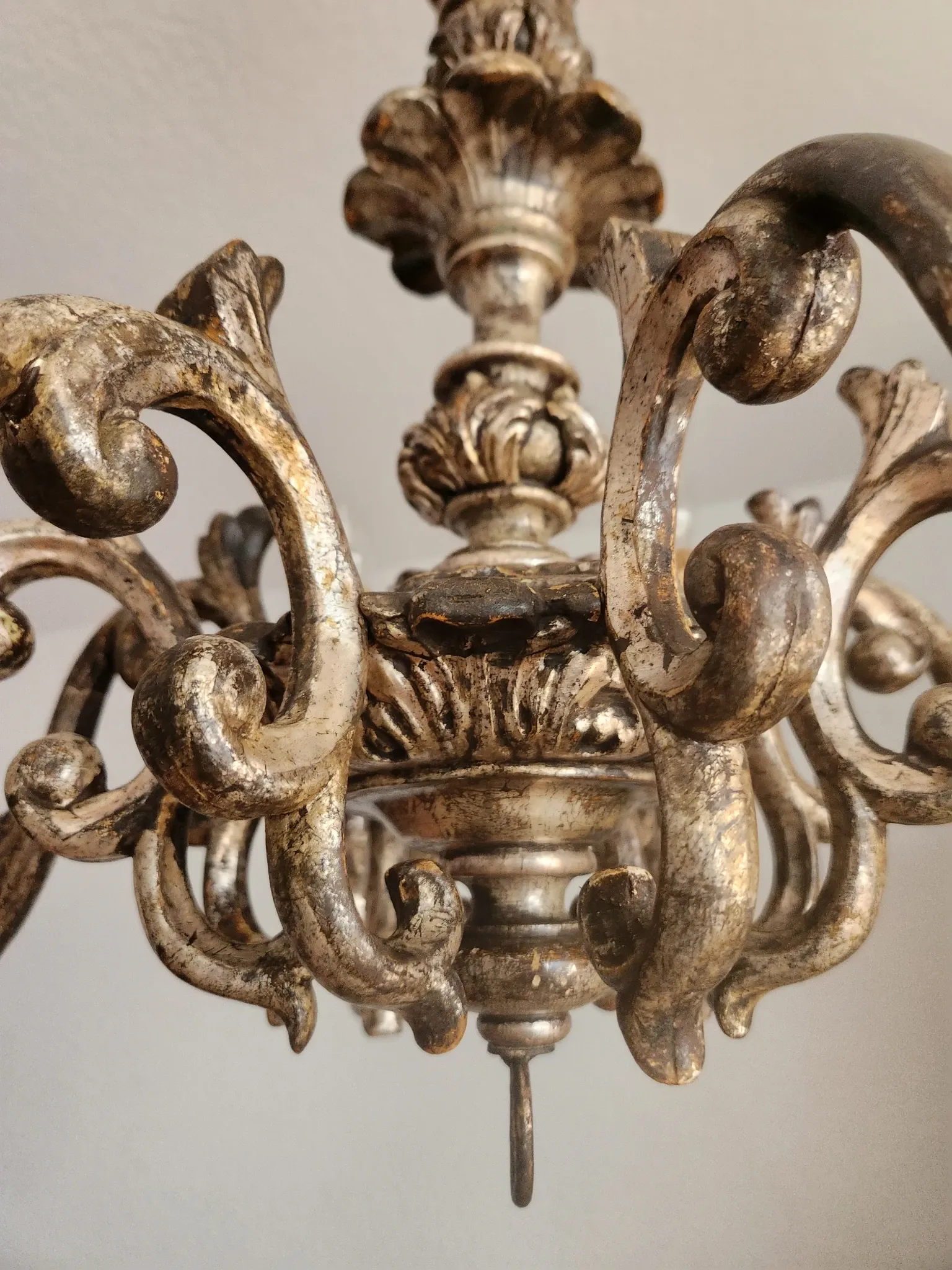 Xl Large Vintage Regency Mid Century Louis XV Baroque Rococo Hand Painted Carved Wood 8 Light Chandelier Floral, Italy, Florence 1920 1950
