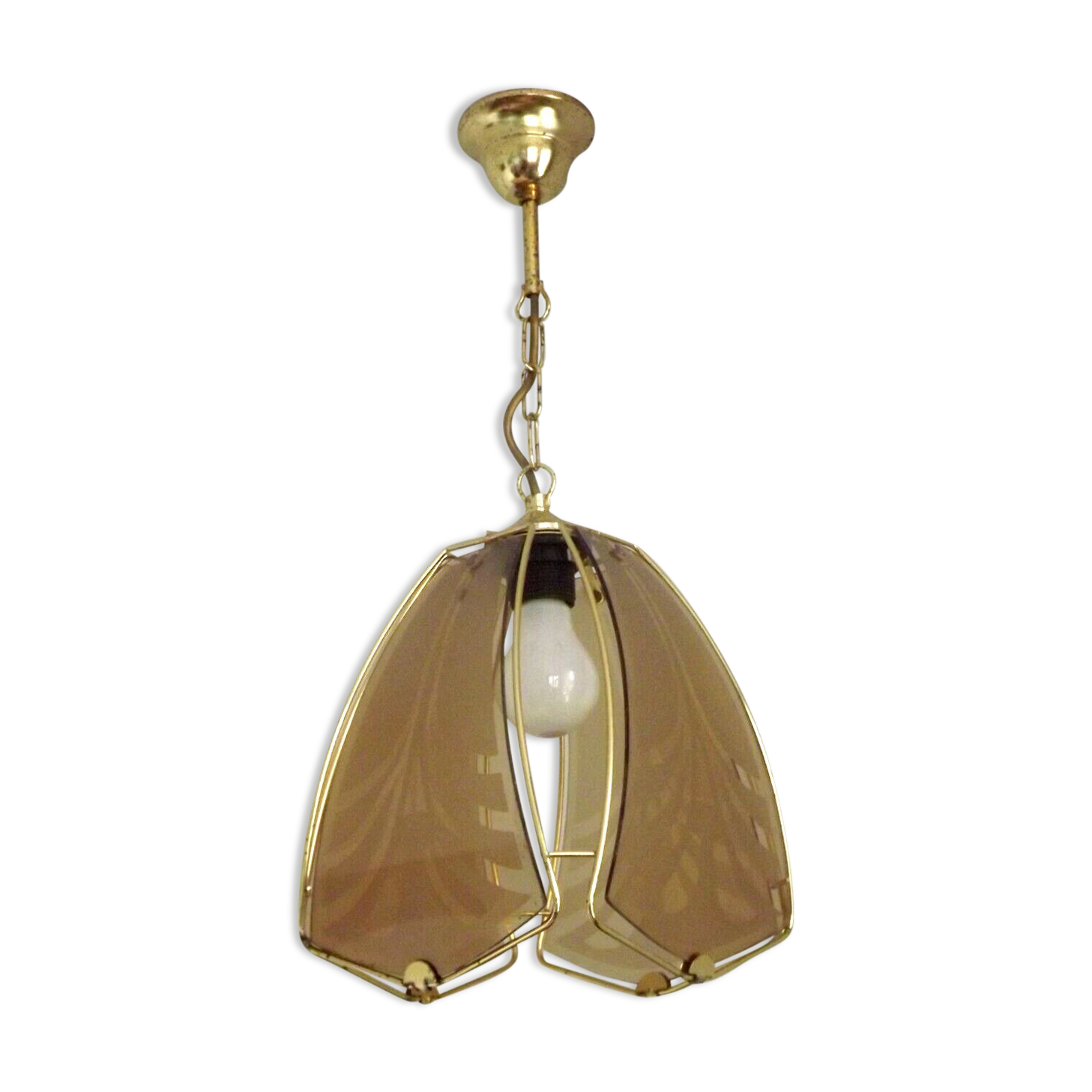 French ceiling light in gold metal with 4 decorative glass panels.