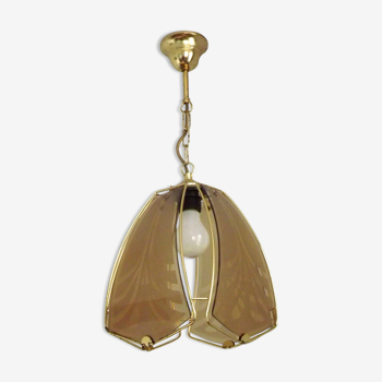 French gold metal ceiling light with 4 decorative glass panels