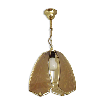 Plafonnier français en métal doré avec 4 panneaux de verre décoratifs