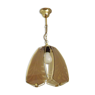 French gold metal ceiling light with 4 decorative glass panels